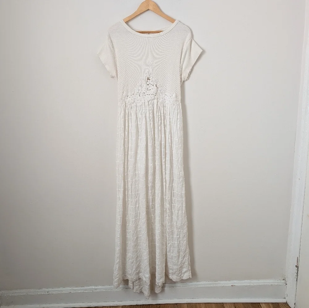 Free People Ivory White Serenity Floral Embroidery Cut Out Rib Flowy Maxi Dress